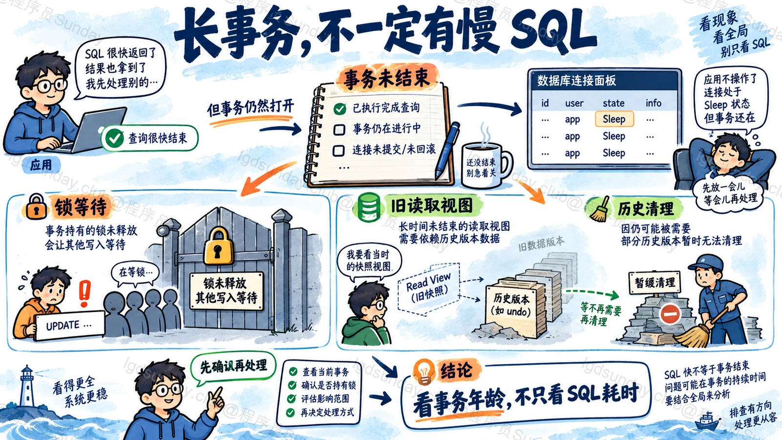 速答总览:长事务是长期未结束的事务状态,可能影响锁与历史清理,处理必须考虑业务和回滚成本。