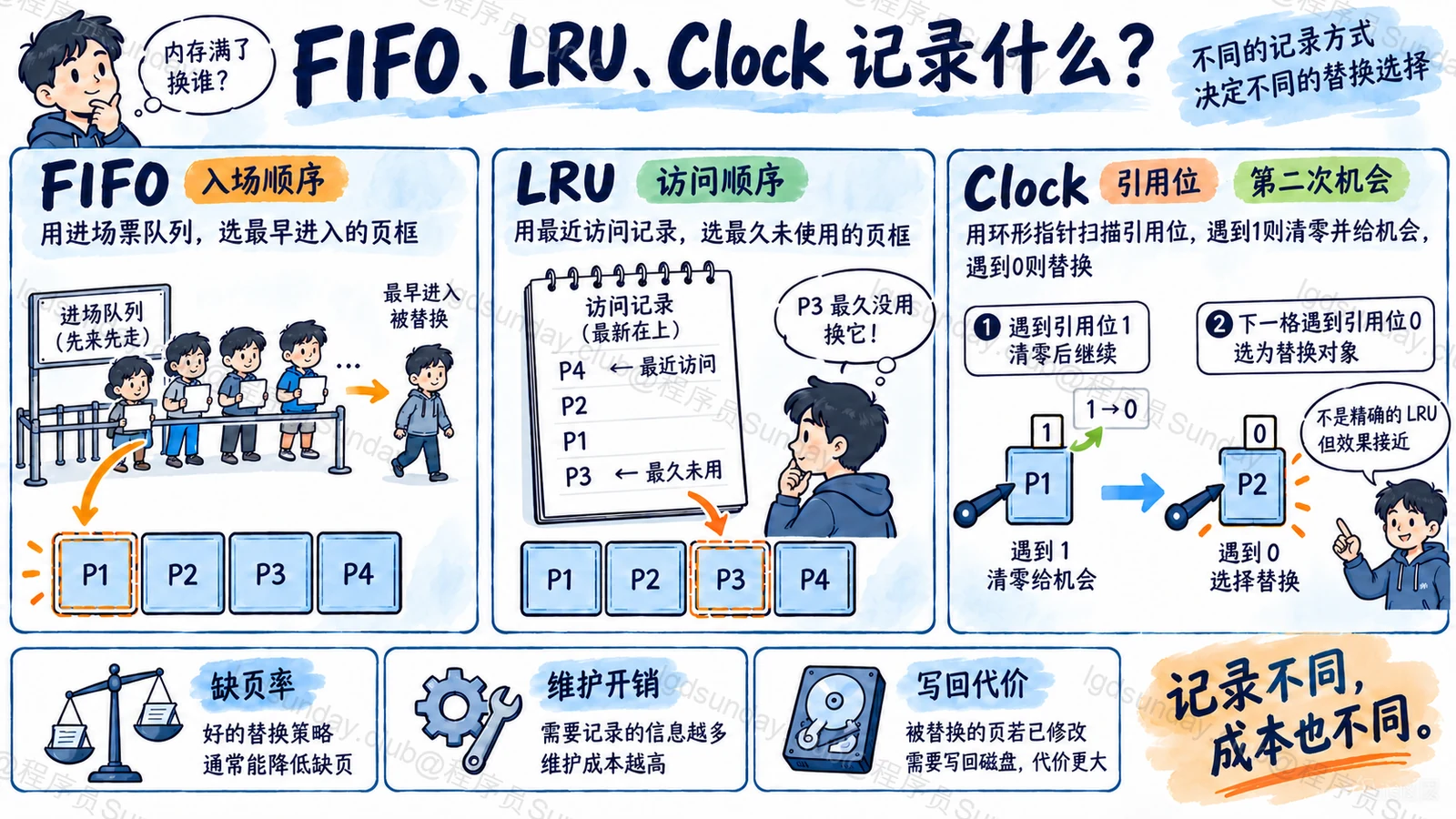 速答总览：页面置换用已有访问信息预测未来，算法需要在缺页效果与维护、写回成本之间取舍。