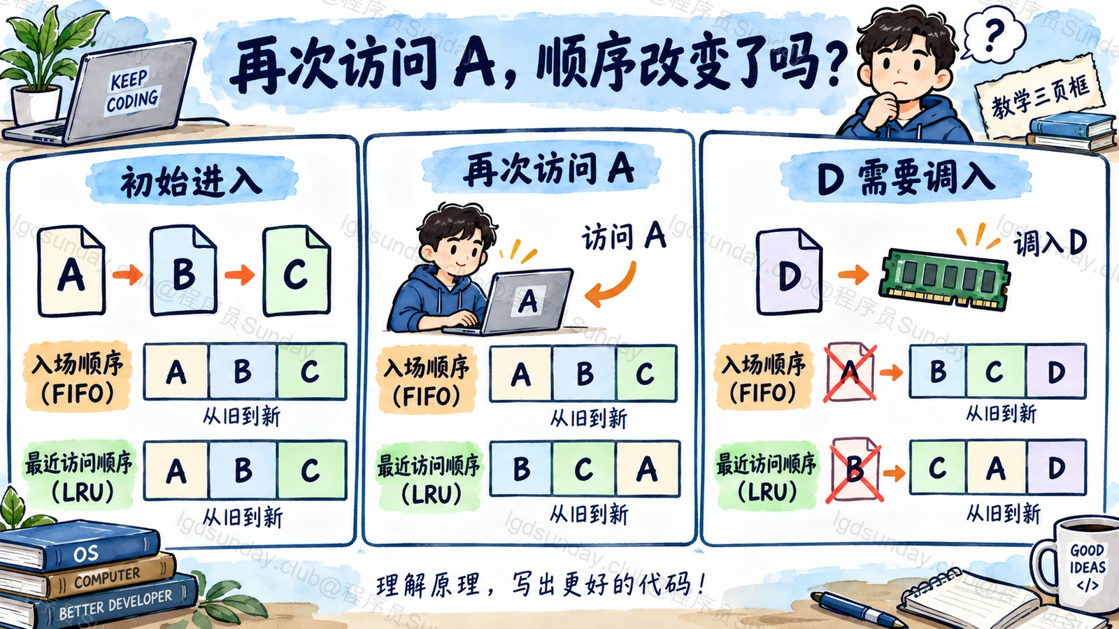 再次访问页面会改变 LRU 而不改变 FIFO