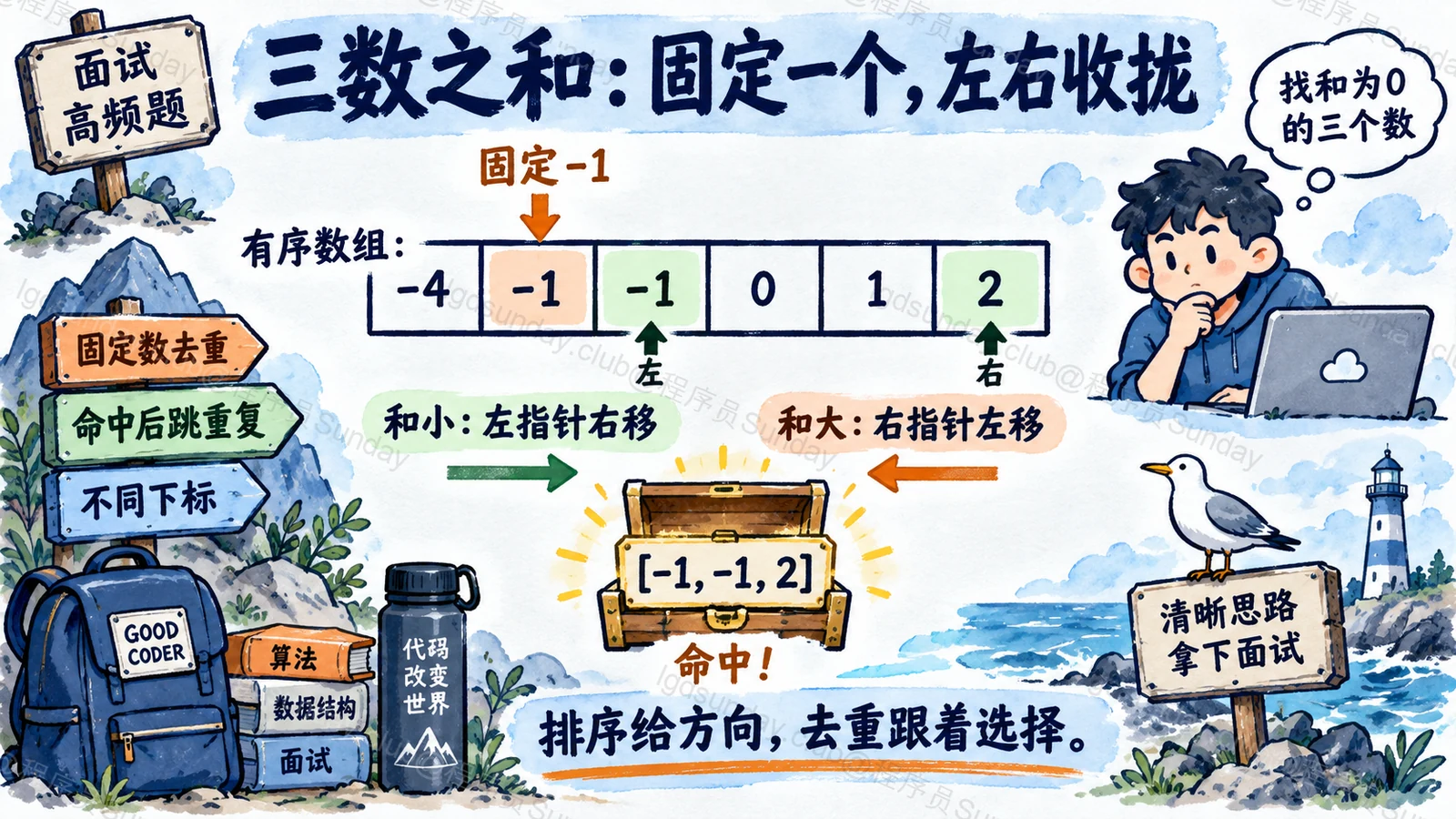 速答总览：三数之和利用排序确定指针方向，在固定数与命中两层去重，保留不同下标的重复值。