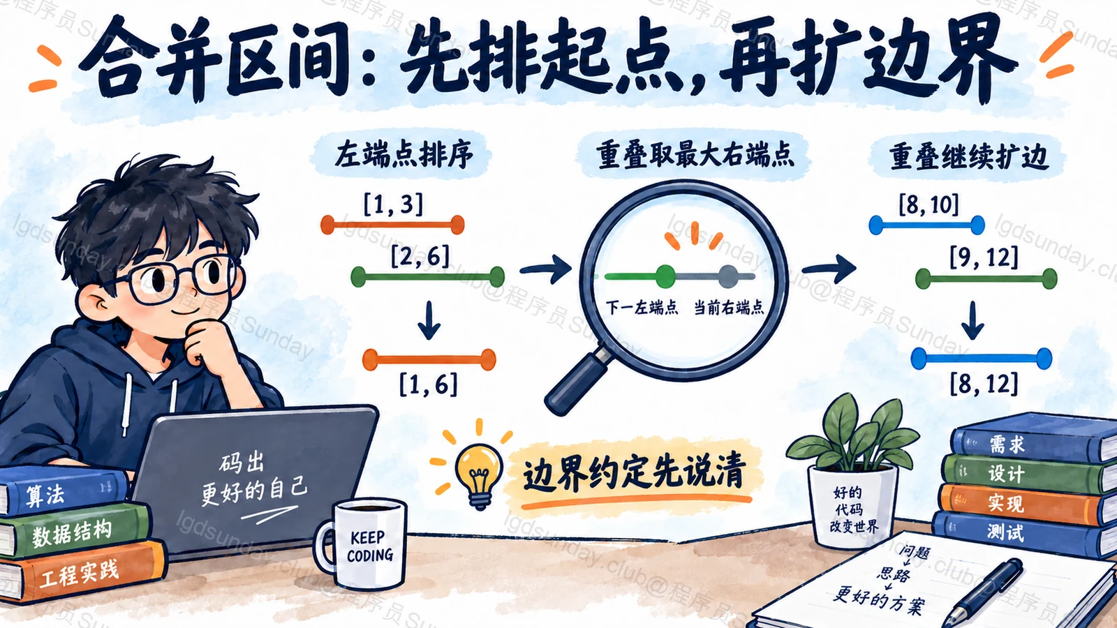 速答总览:左端点排序保证顺序扫描可以定稿,合并时取最大右端点并遵循明确端点约定。