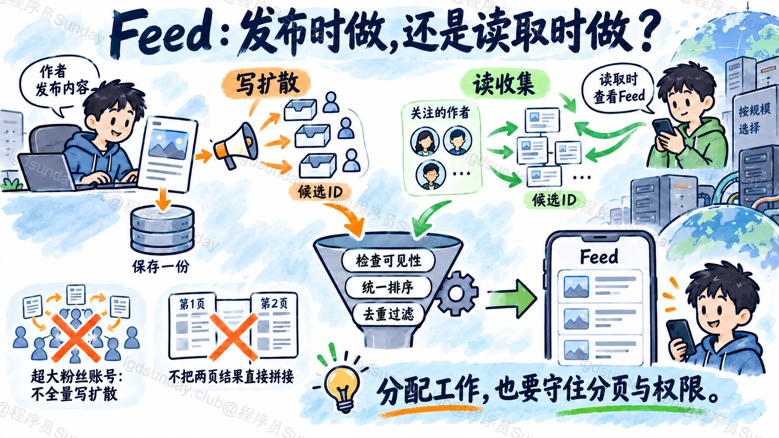 速答总览:Feed 选型是在发布扩散和读取收集之间分配工作,混合后仍须保证排序、分页与可见性。