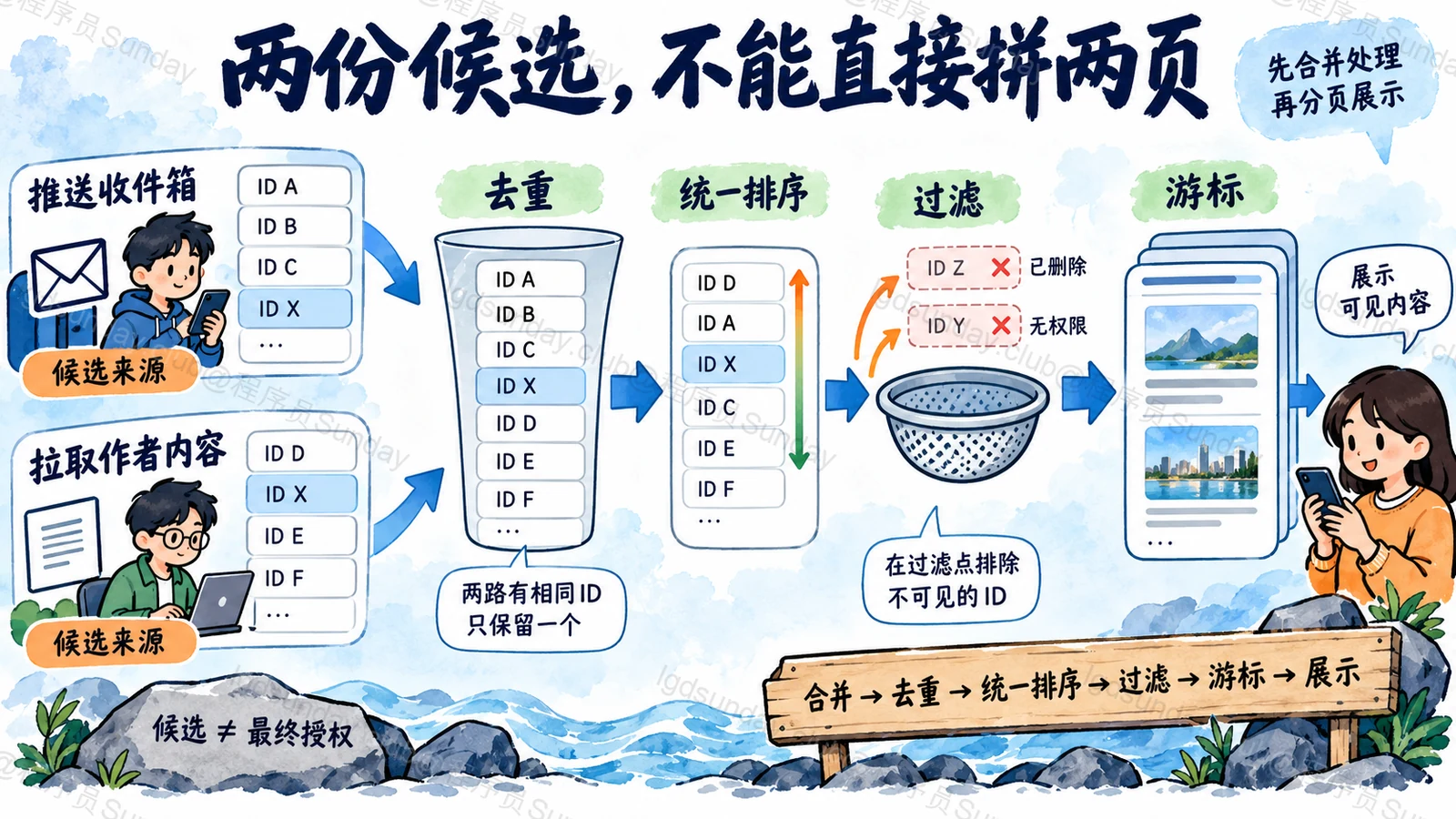 混合来源去重排序后再分页并检查可见性