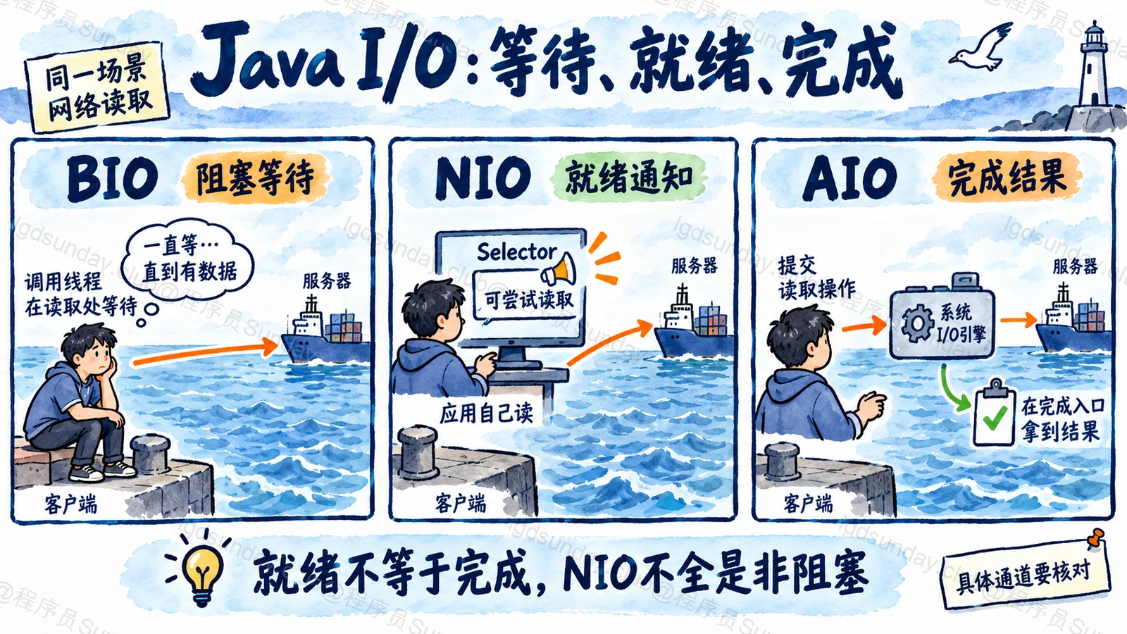 速答总览:I/O 要分清等待、就绪与完成;Java NIO 包并不保证所有通道非阻塞。
